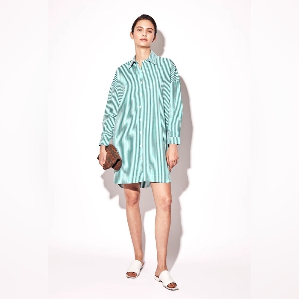 Deluc Solar Dress Green Stripe Long Sleeve  Mini Button Up Oversized Size XS